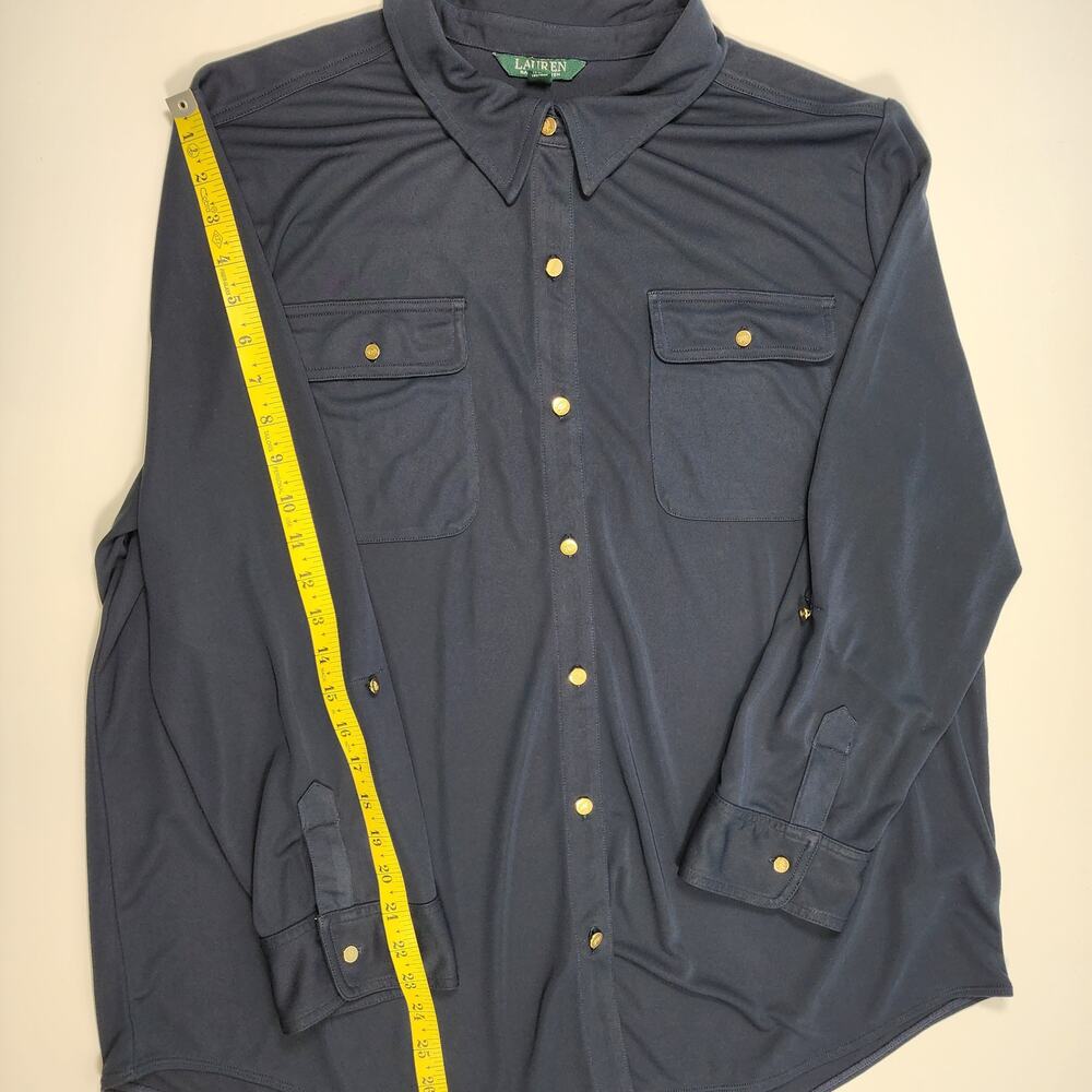 Lauren Ralph Lauren Navy Button Front Shirt Gold Buttons 3X Stretch - Picture 5 of 14